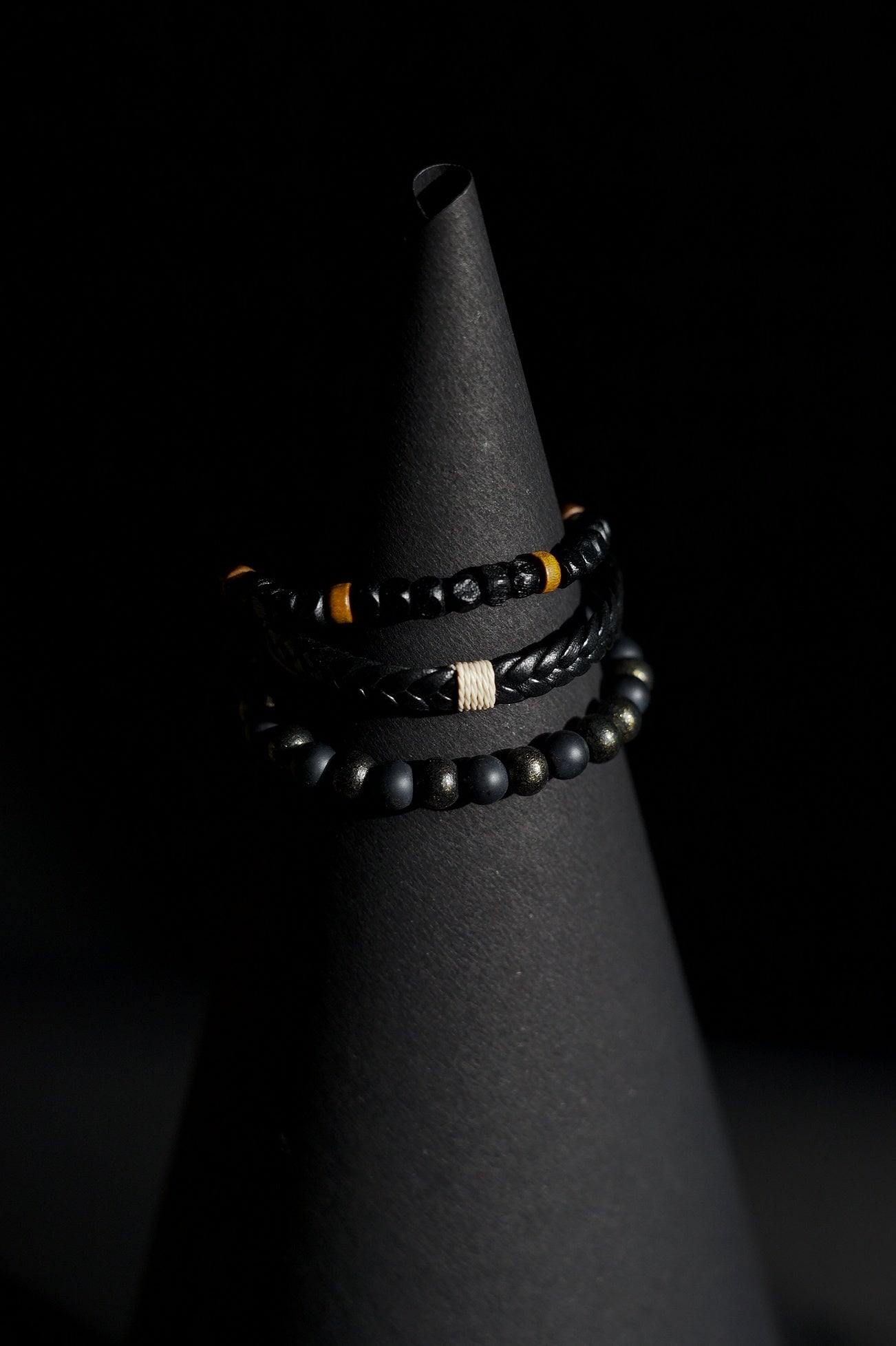 Bracelet Set | 3-Piece Stack | Beaded & Braided | Matte Black Beads, Lava Stone, Braided Leather & Speckled Obsidian Beads | Men & Women | Layered Design | Matte & Textured Finish | Minimalist & Earthy Style